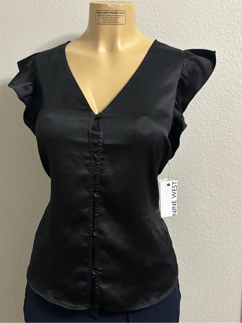 Nine West Black V-Neck Ruffle Sleeve Button Front Blouse